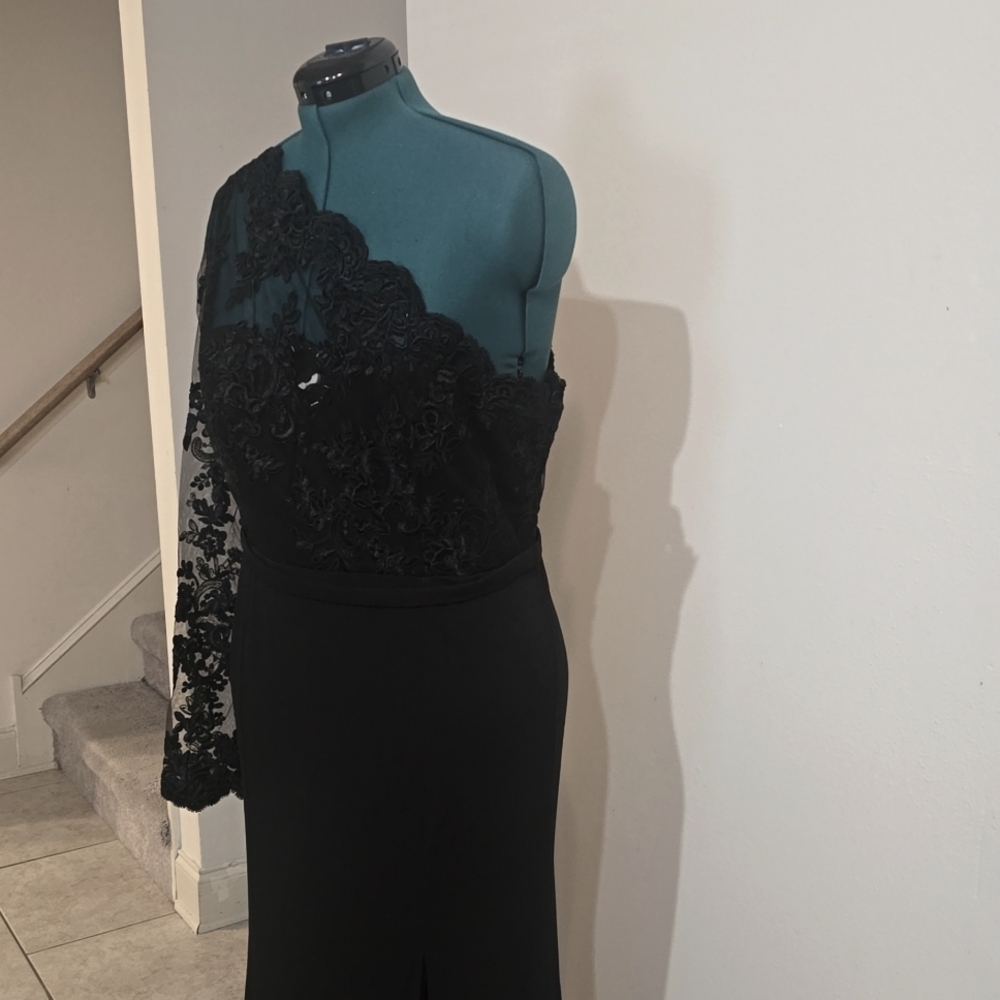 Fashion Nova Black Asymmetrical Embellished Maxi Gown Long Bishop Sleeve Sz 1X